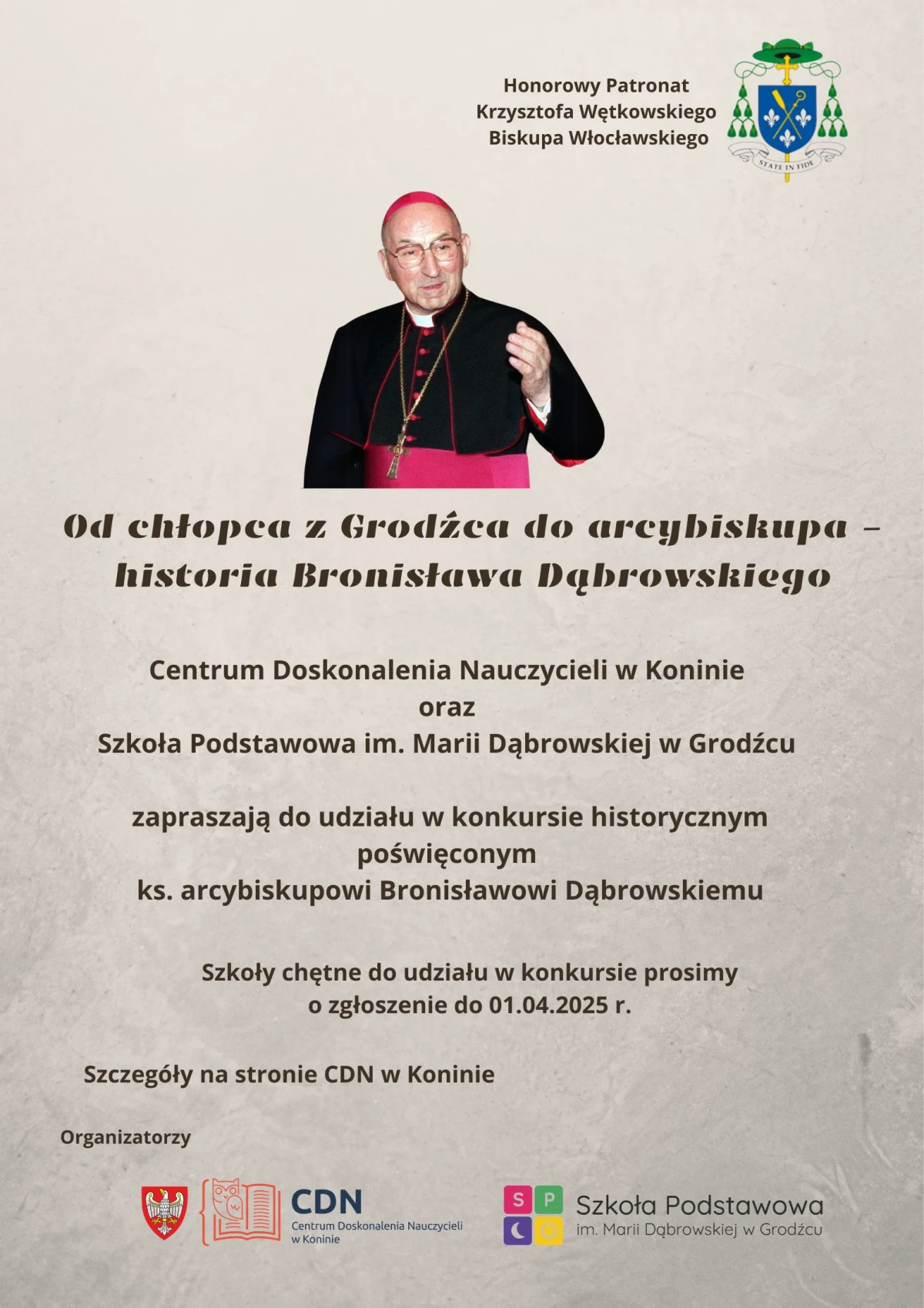 Informacja o konkursie ze zdjęciem biskupa.