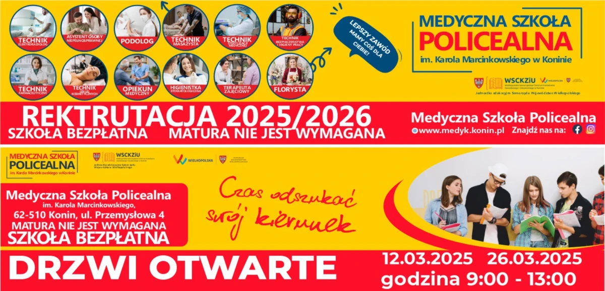 Baner zachęcający do udziału w Drzwiach Otwartych w WSCKZiU w Koninie.