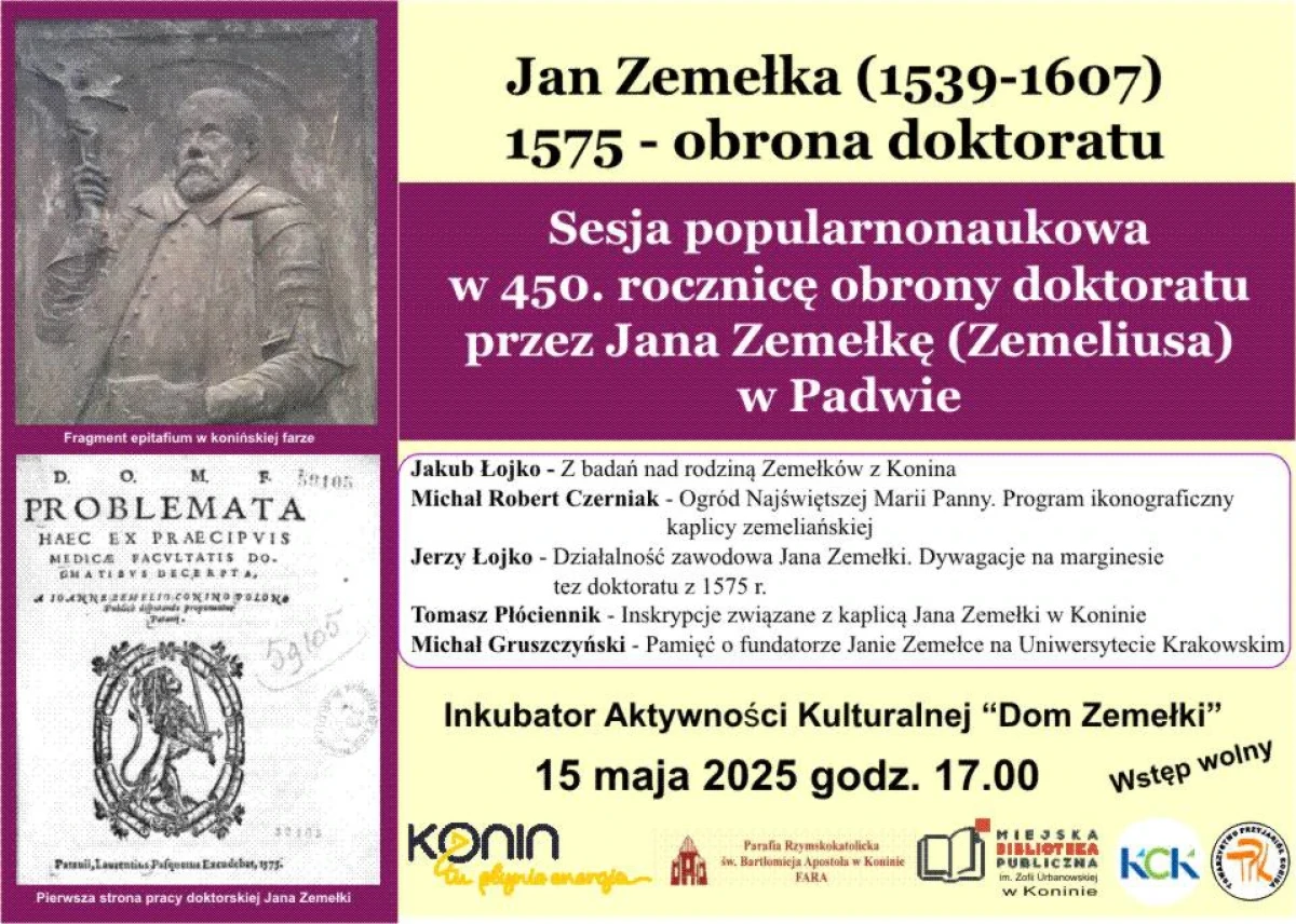 Informacja o sesji popularnonaukowej na tle grafik z epoki i wizerunku Zemełki.