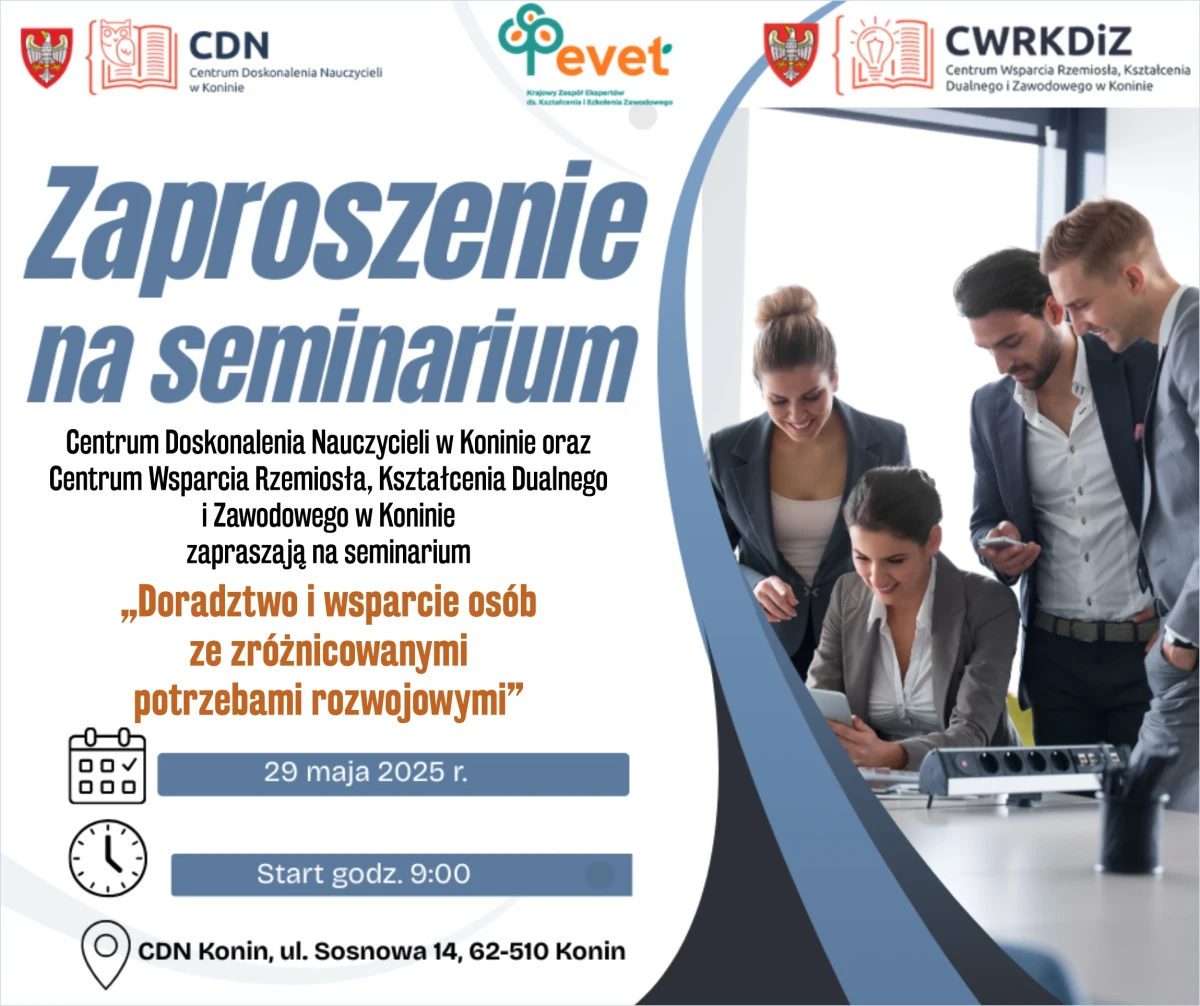 Grafika-zaproszenie. Tekst zaproszenia i szczegóły. W tle grupka ludzi.